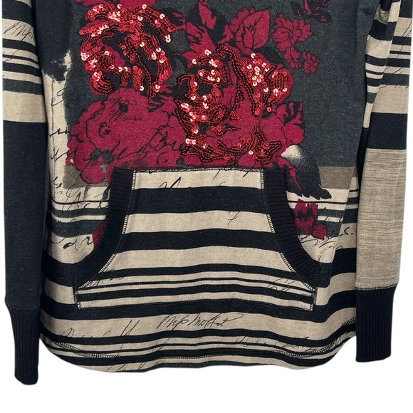 VTG 90’s Joseph Ribkoff Striped Cowl Neck Hooded Floral Sequin Print Hoodie 10 - Picture 4 of 8